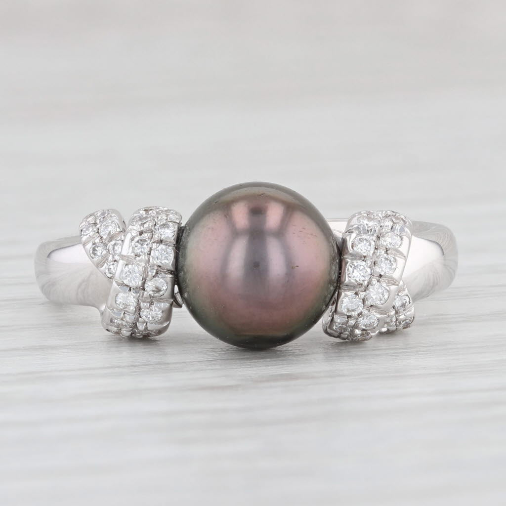 Mikimoto Black Cultured Pearl Diamond Ring 750 18k White Gold Size 9.5