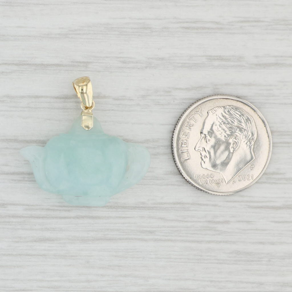 Light Gray Green Jadeite Jade Carved Tea Pot Pendant 14k Yellow Gold