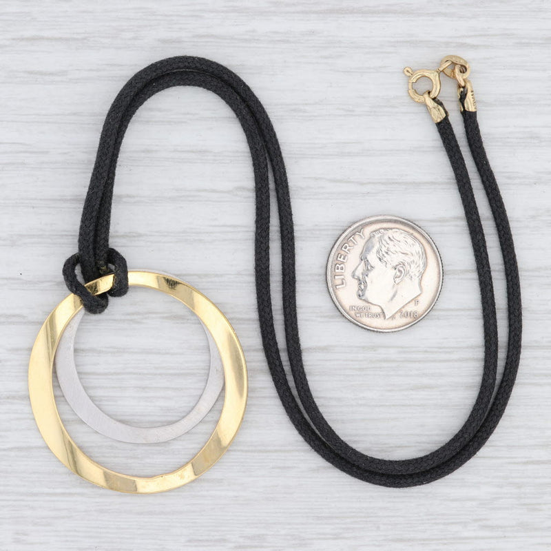 Light Gray 2-Toned Circles Pendant Necklace 14k Gold Black Cord 15" Choker Italian