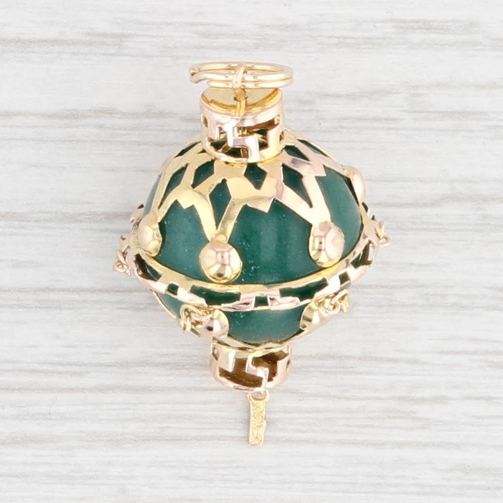 Antique White Ornate Lantern Charm Fob 10k Yellow Gold Green Aventurine Bead Pendant