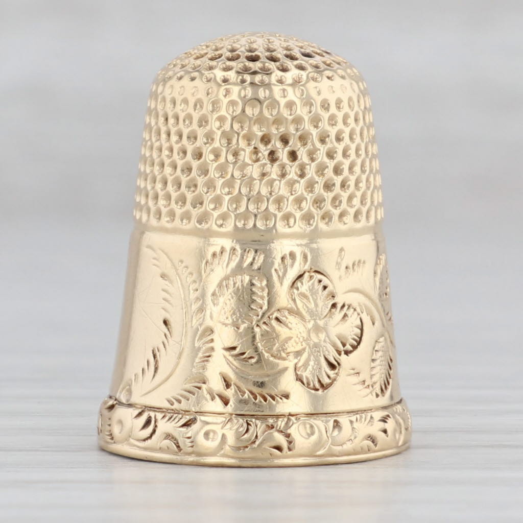 Light Gray Antique Size 7 Floral Thimble 14k Yellow Gold Sewing Collectible Engravable