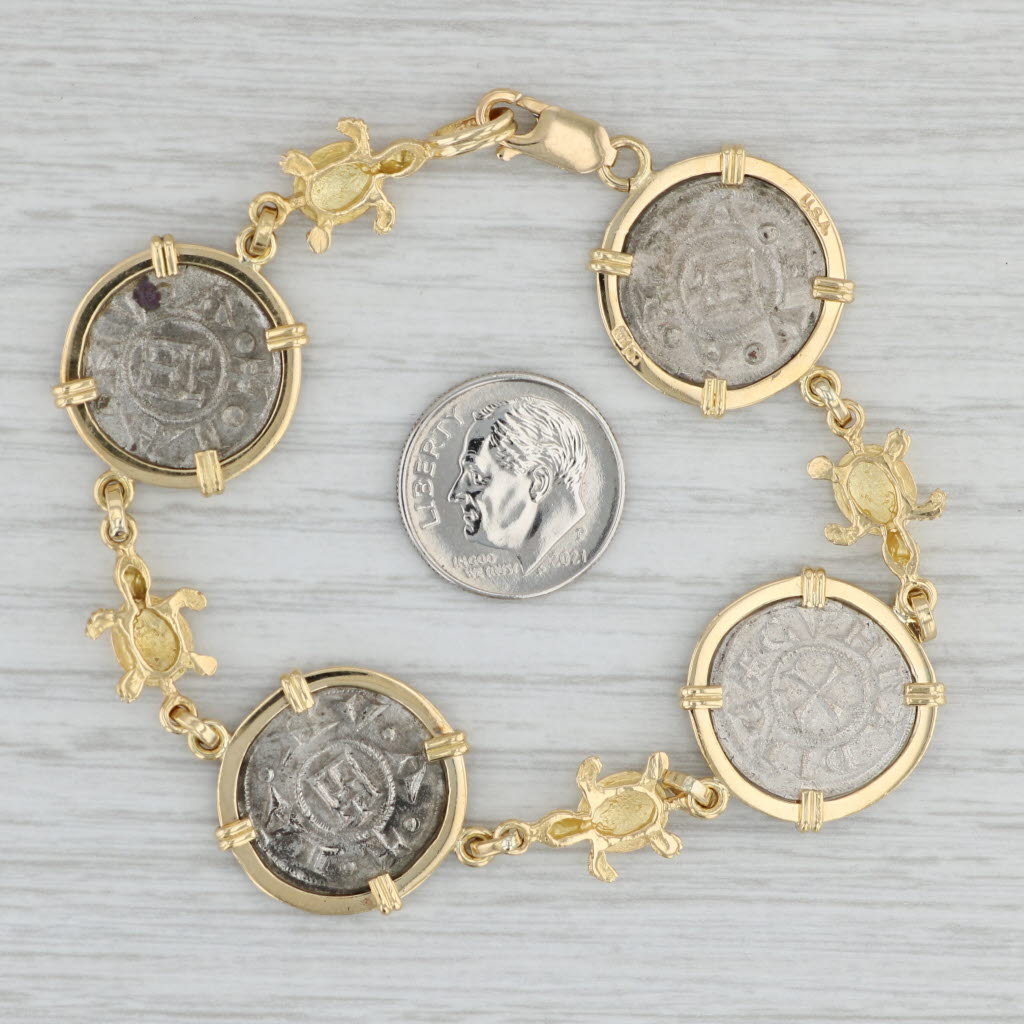 Gray Antique Coin Turtle Link Bracelet 18k Yellow Gold 500 Silver 7.5"