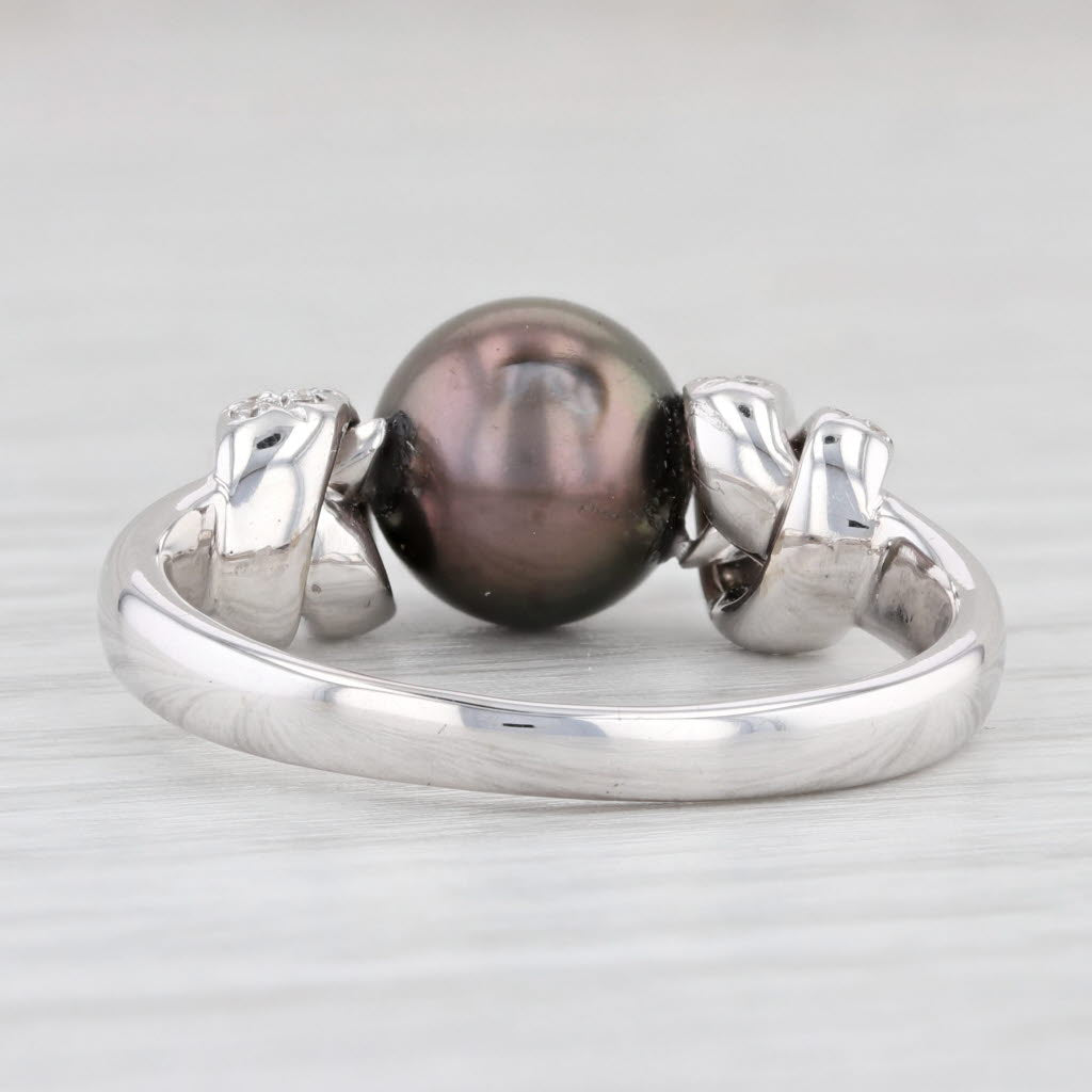 Mikimoto Black Cultured Pearl Diamond Ring 750 18k White Gold Size 9.5