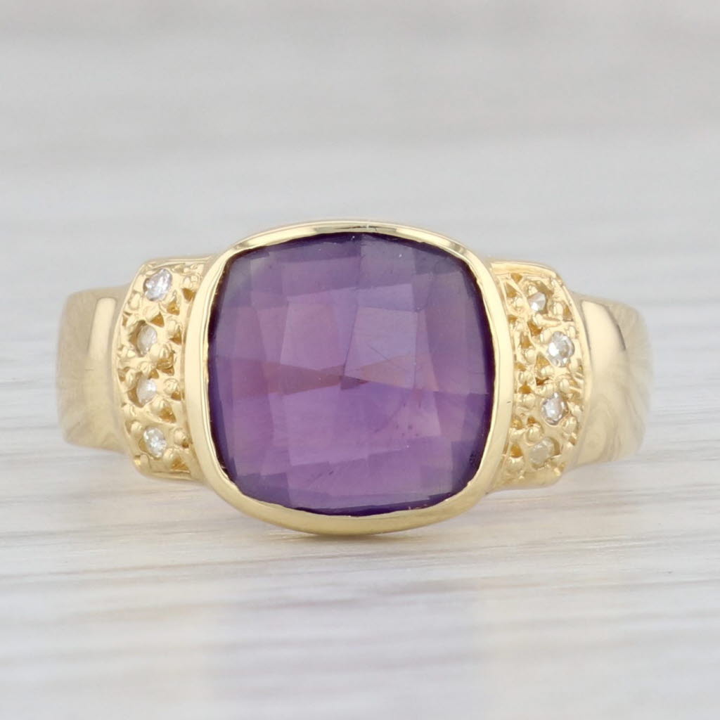 Light Gray 2.54ctw Cushion Amethyst Solitaire Ring 18k Yellow Gold Size 7.5 Diamond Accents