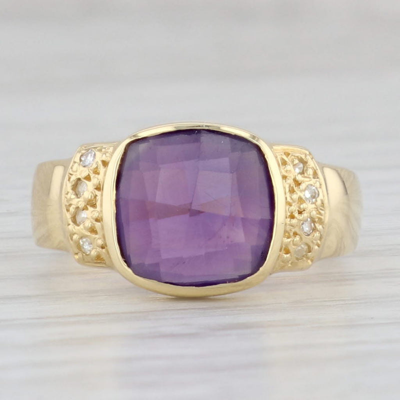 2.54ctw Cushion Amethyst Solitaire Ring 18k Yellow Gold Size 7.5 Diamond Accents