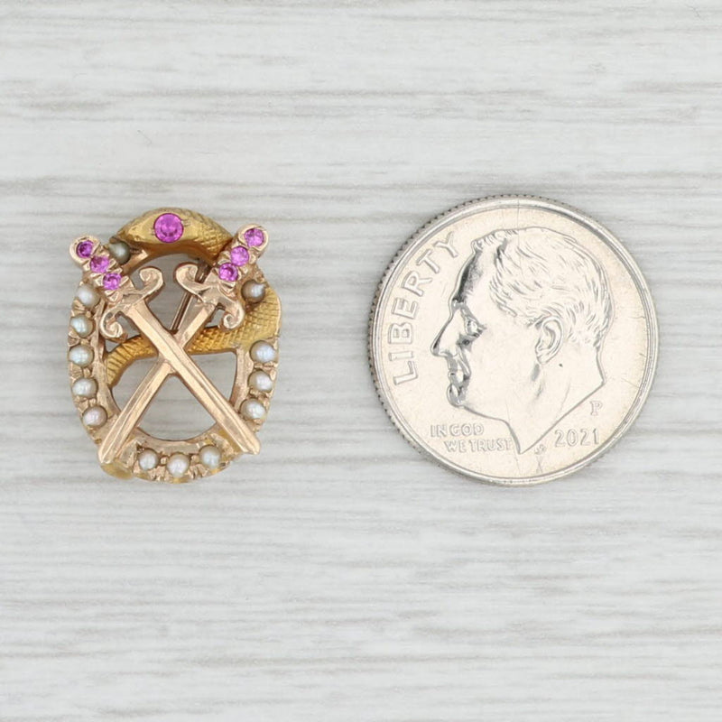 Theta Chi fraternity Snake Swords Badge 10k Gold Pearl Lab Created Sapphire Pin