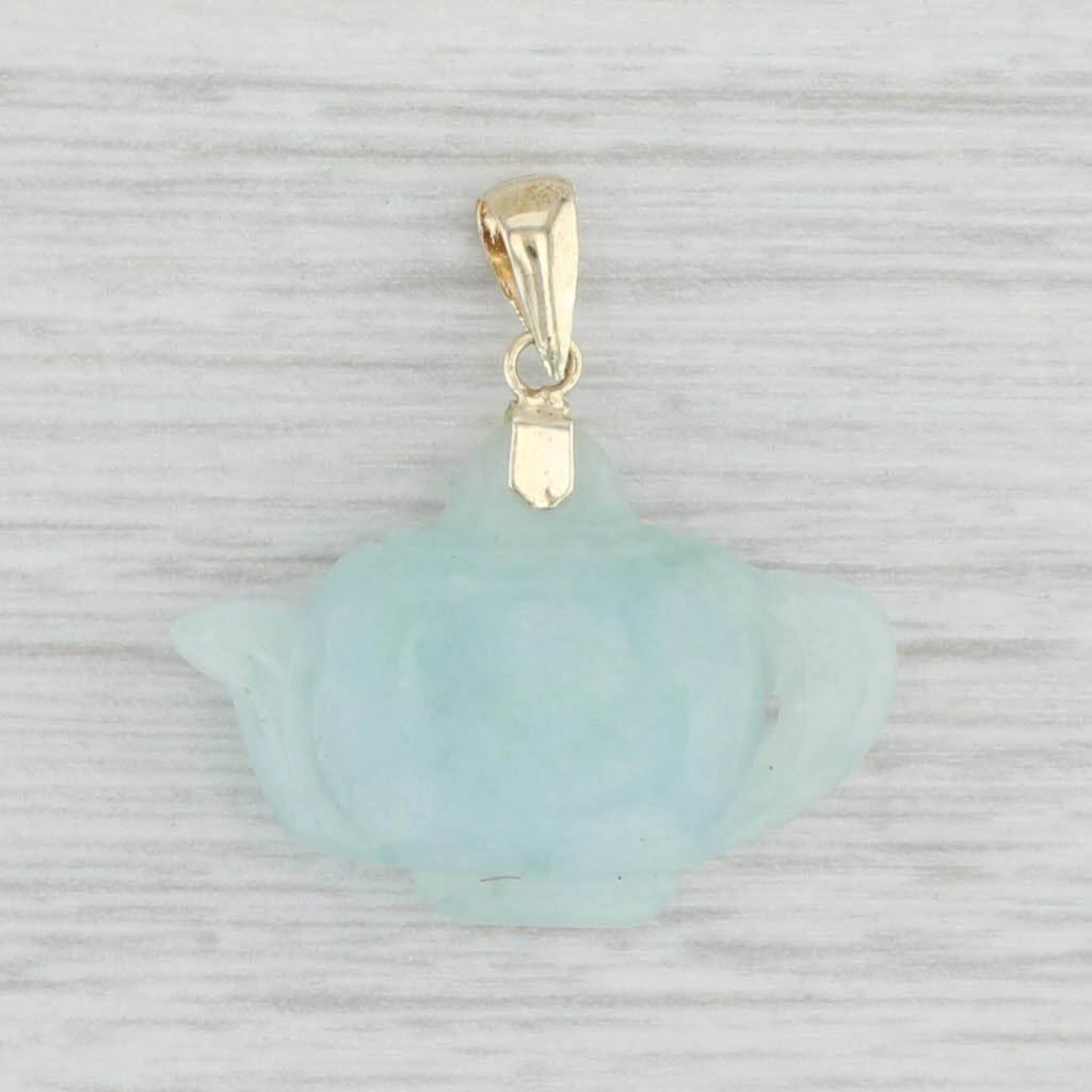 Light Gray Green Jadeite Jade Carved Tea Pot Pendant 14k Yellow Gold