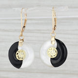 Mother of Pearl Onyx Yin Yang Earrings 14k Gold Chinese Character Good Luck