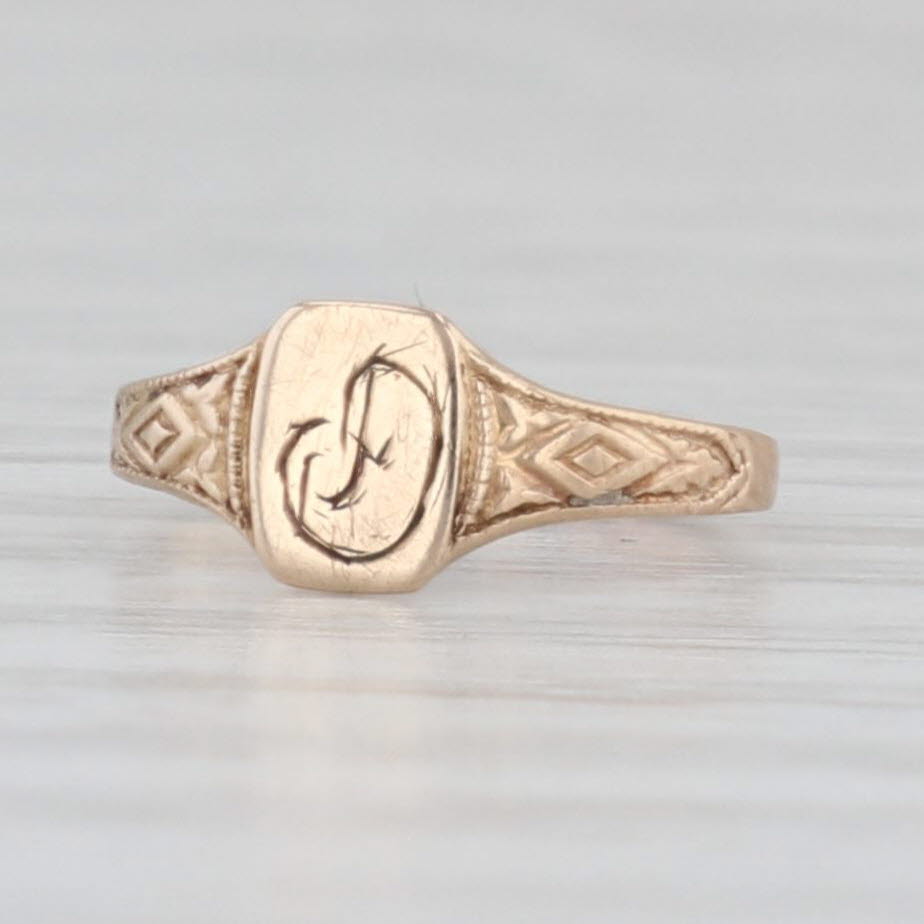 Light Gray Antique Engraved Initial "D" Signet Ring 10k Gold Baby Small Size Keepsake