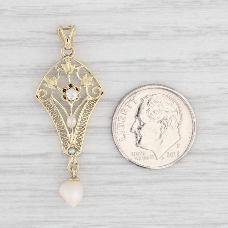 Antique Baroque Seed Pearl Diamond Lavalier Pendant 10k Yellow Gold Floral