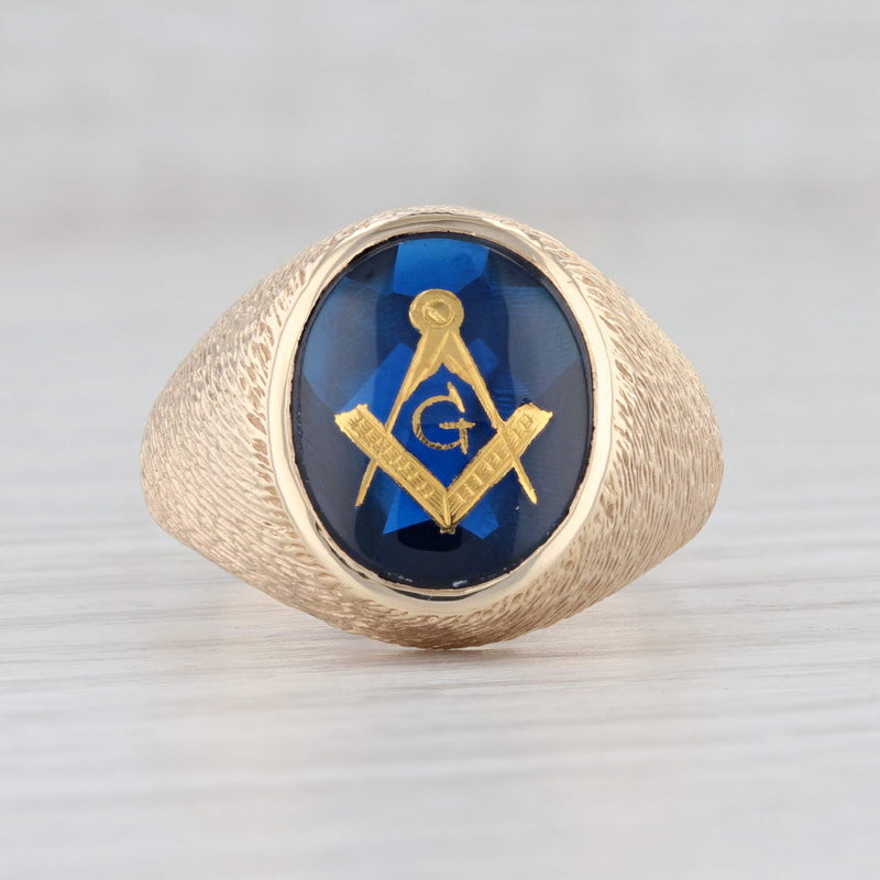 Light Gray Masonic Square Compass Signet Ring 10k Gold Synthetic Spinel Sz 9.75 Blue Lodge
