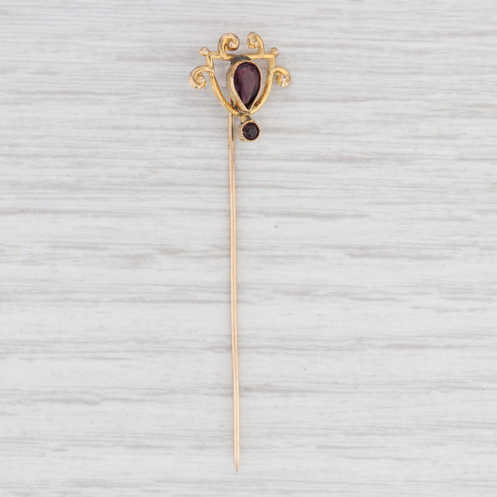 Light Gray Antique Purple Glass Stickpin Teardrop 10k Yellow Gold