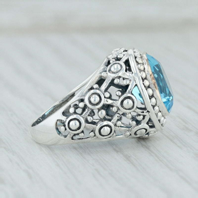 Blue Glass Cocktail Ring Sterling Silver Size 7.5 Simulated Blue Topaz Signet
