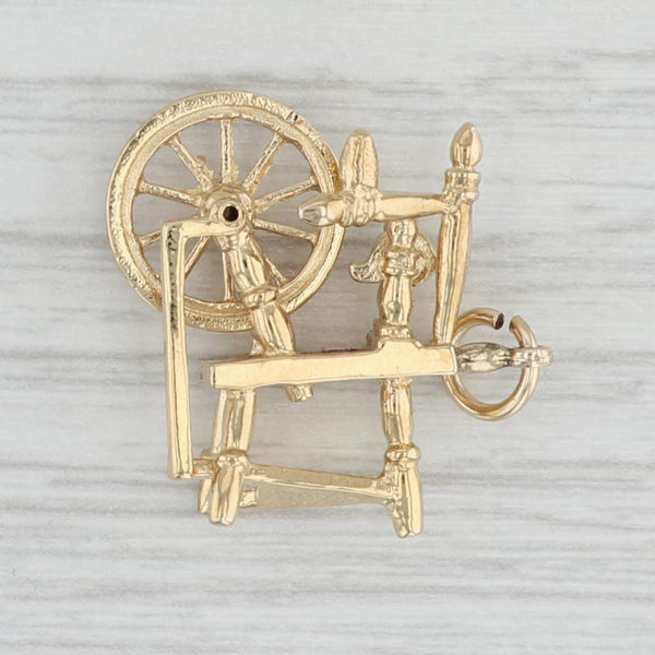 Light Gray Sewing Spinning Wheel Charm 14k Yellow Gold 3D Moving Parts Pendant