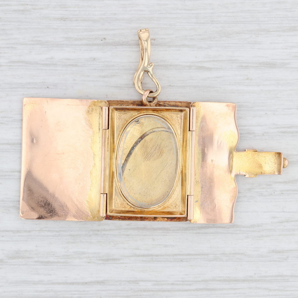 Light Gray Victorian Folding Book Locket Pendant 14k Rose Gold Floral Engravable