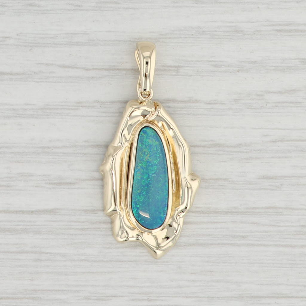 Light Gray Custom Pinfire Opal Pendant 14k Yellow Gold Green Blue Solitaire Baroque Boulder