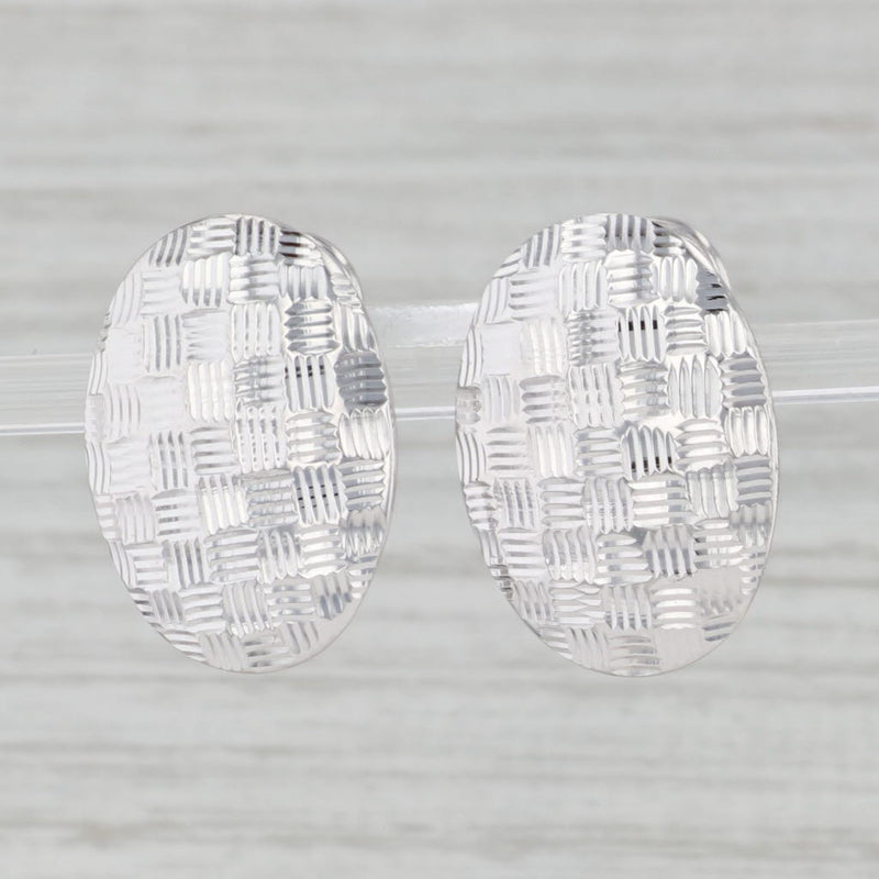 Light Gray Woven Crosshatch Pattern Oval Earrings 14k White Gold Pierced Omega Backs