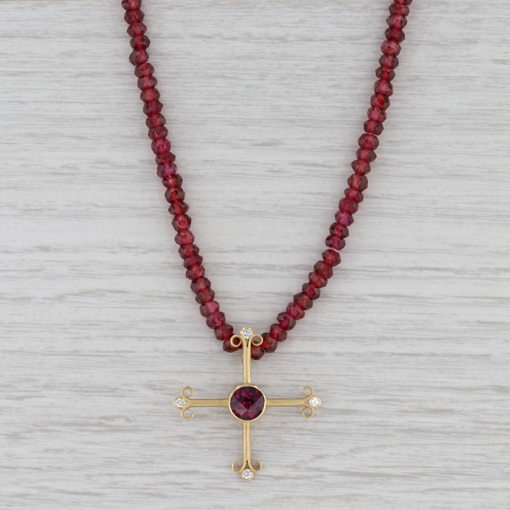 Gray Handmade Garnet Bead Diamond Cross Pendant Necklace 18k Gold Designer 35"