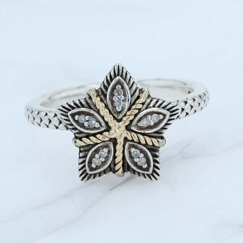 New Diamond Star Flower Ring Sterling Silver 14k Gold Textured Rope Size 8