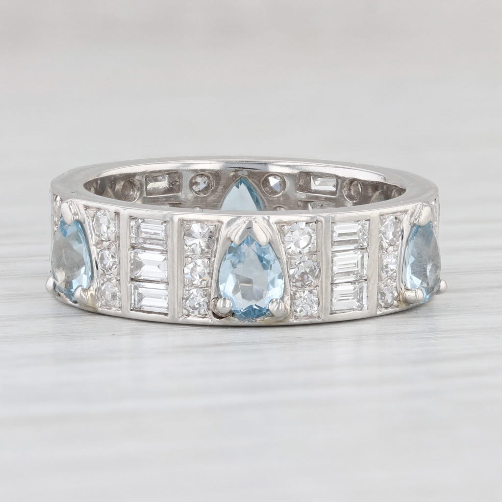 Light Gray Vintage 3.03ctw Aquamarine Diamond Platinum Eternity Ring Size 9 Band