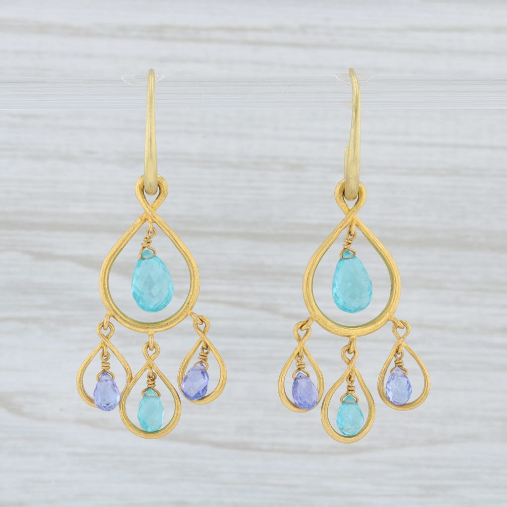 Light Gray Marie Helene de Taillac Blue Apatite Tanzanite Briolette Earrings 22k Gold