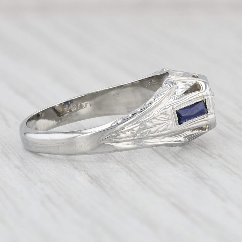 Art Deco Diamond Lab Created Sapphire Ring 18k White Gold Engagement Size 9.25