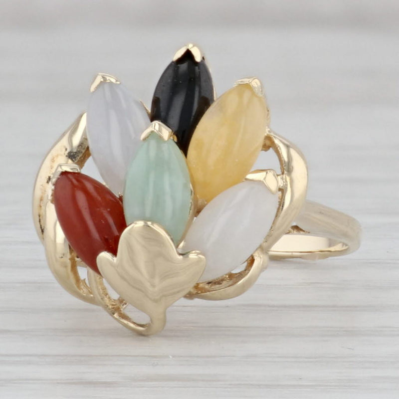 Gray Multi-Color Jadeite Jade Cluster Ring 14k Yellow Gold Size 6.75 Cocktail