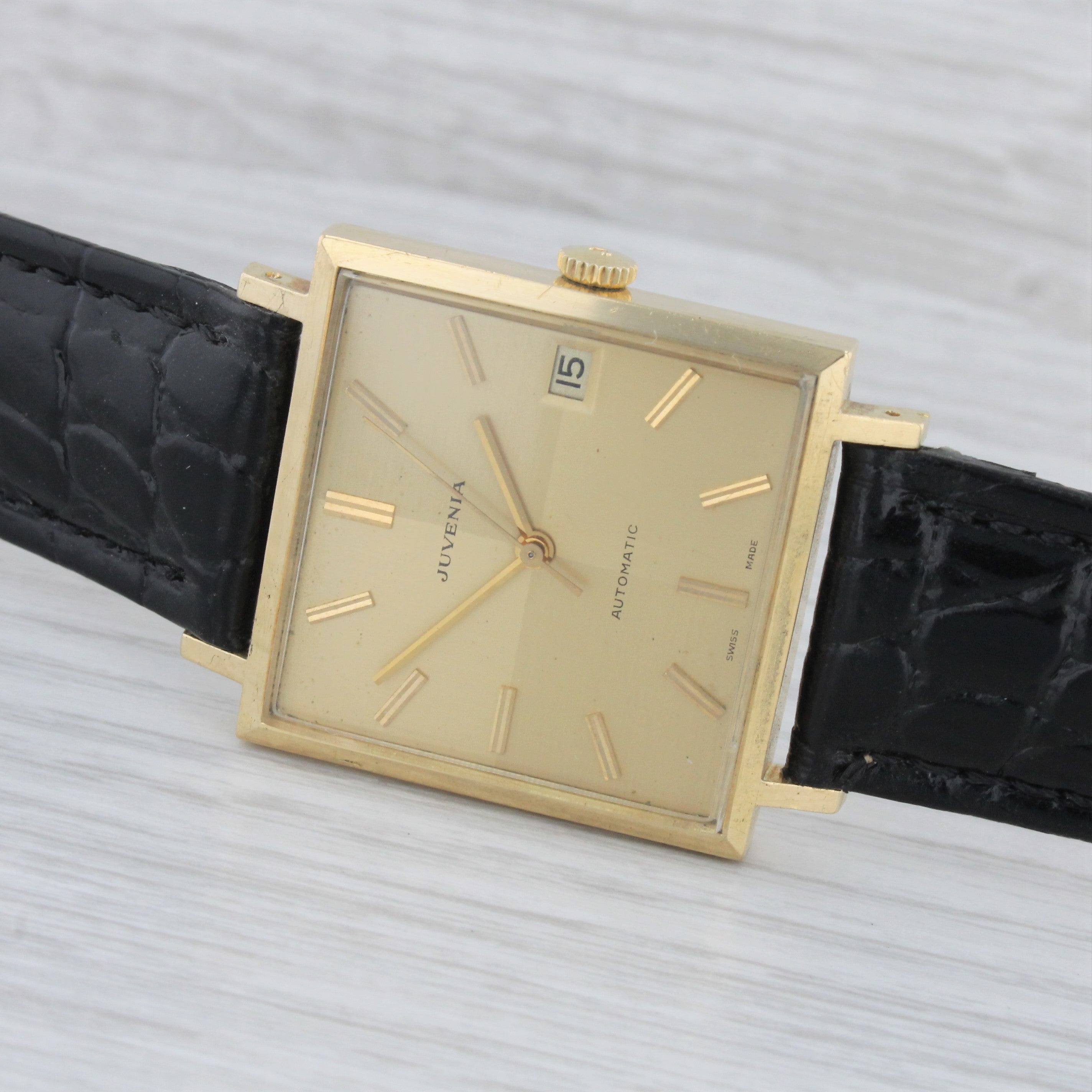 Gray Vintage Juvenia 18k Solid Yellow Gold Mens Automatic Square Watch Quadrant Dial