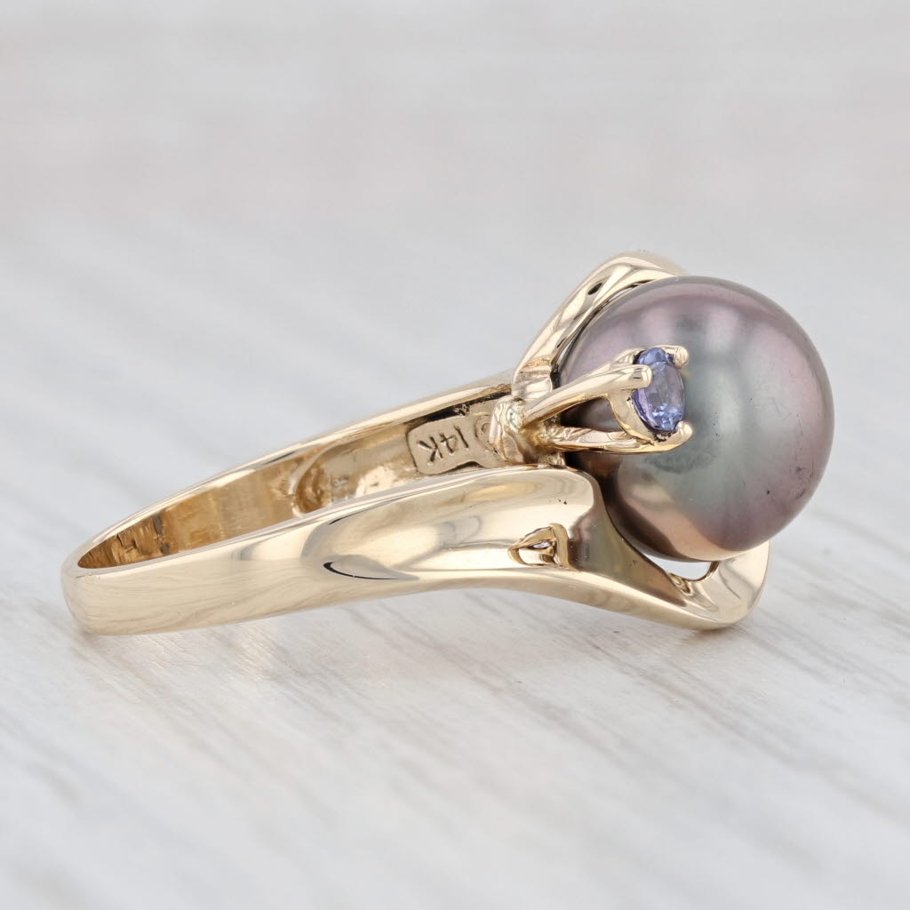 Light Gray Black Cultured Pearl Tanzanite Wrap Ring 14k Yellow Gold Size 6.75