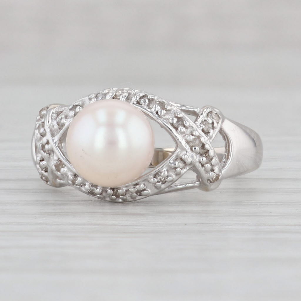 Light Gray Saltwater Cultured Pearl Diamond Ring 14k White Gold Size 7