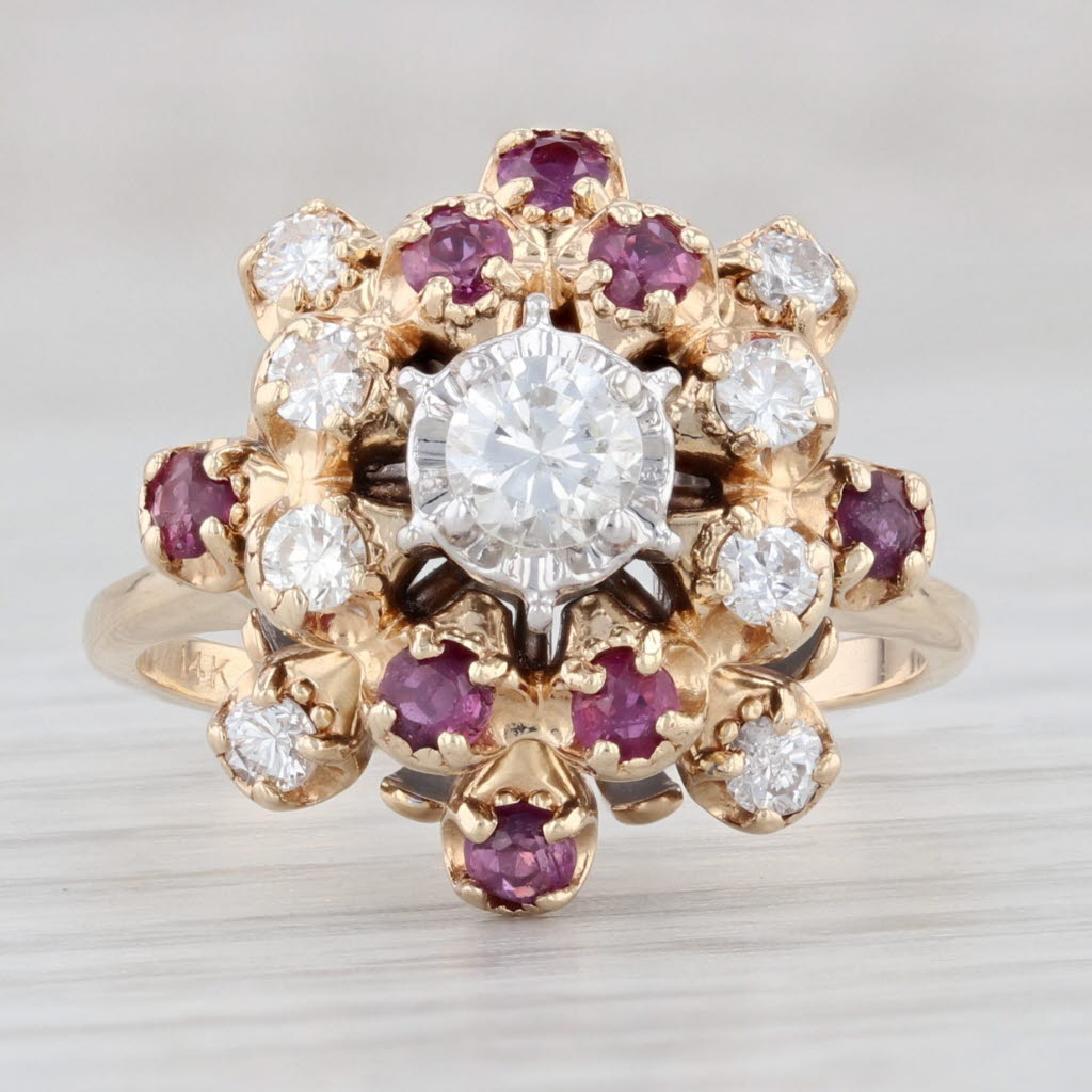 Light Gray Vintage 1.09ctw Diamond Ruby Cluster Ring 14k Yellow Gold Size 7.5 Cocktail