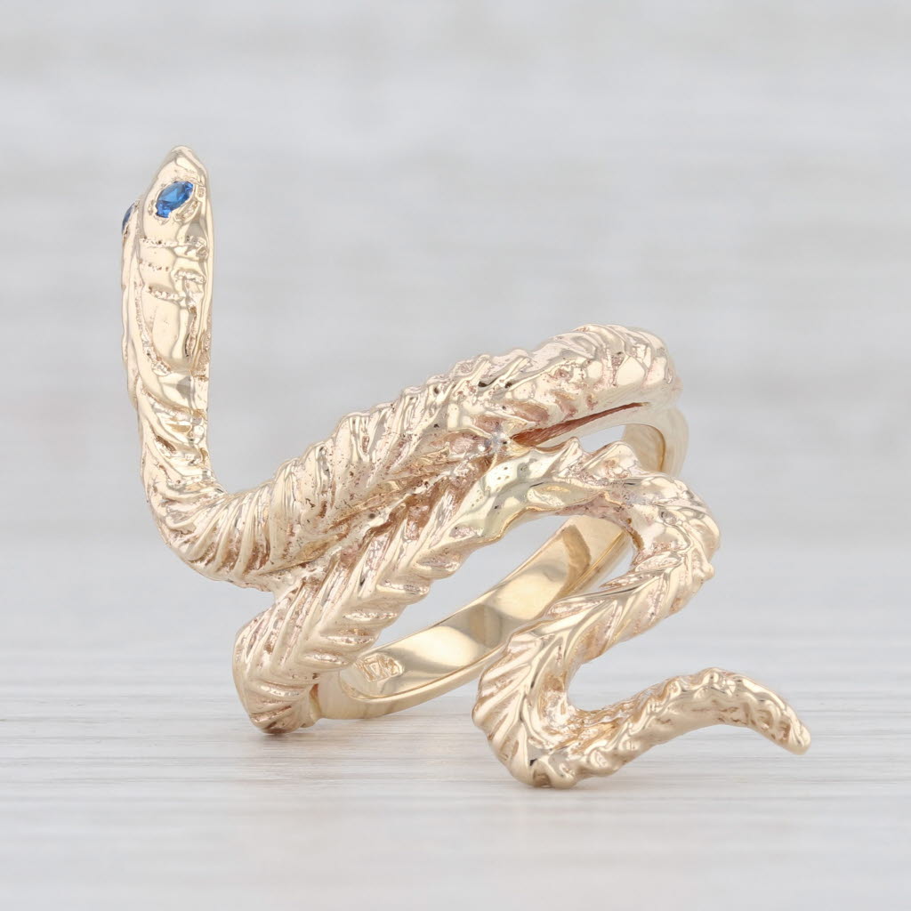 Light Gray Synthetic Spinel Snake Ring 14k Yellow Gold Size 6 Serpent Statement