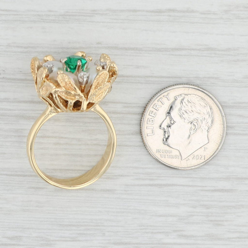 Light Gray Baroque Pearl Lab Created Emerald Diamond Cluster Flower Ring 18k Gold Size 5.5