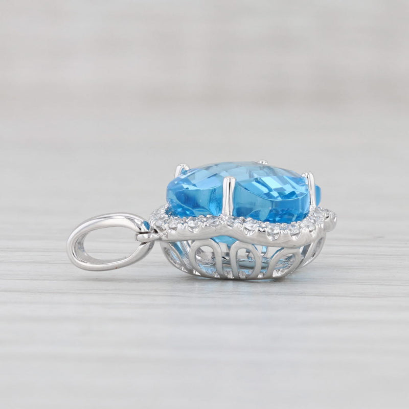 New 7.77ctw Blue Topaz Diamond Halo Pendant 14k White Gold Flower Drop