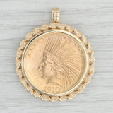 Light Gray Authentic 1910 $10 Indian Head Coin Pendant 14k & 900 Yellow Gold Rope Bezel
