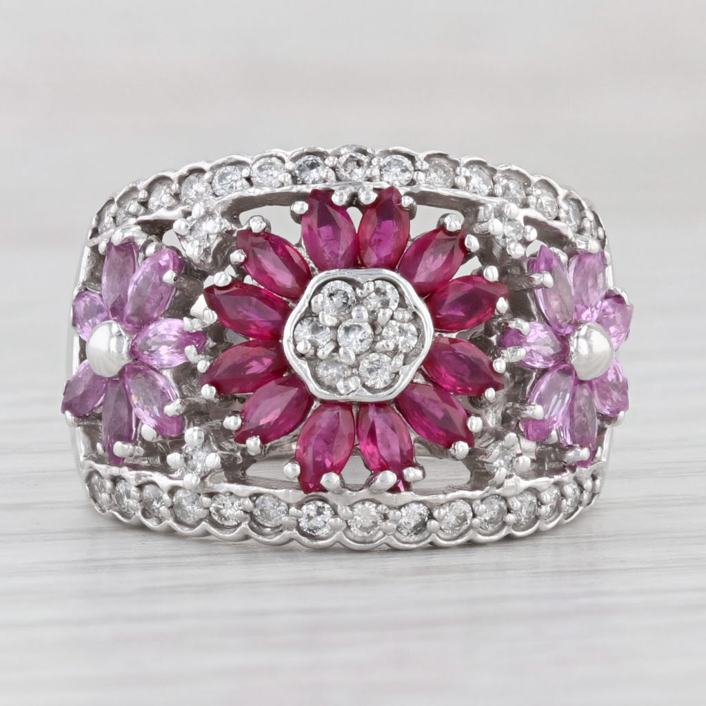 Light Gray 3.36ctw Ruby Sapphire Diamond Flower Cocktail Ring 14k White Gold Size 7.75