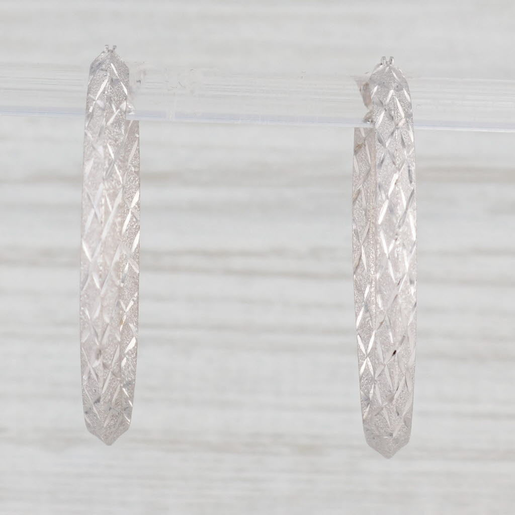 Light Gray Brushed Lattice Work Beveled Hoop Earrings 14k White Gold Snap Top Round Hoops