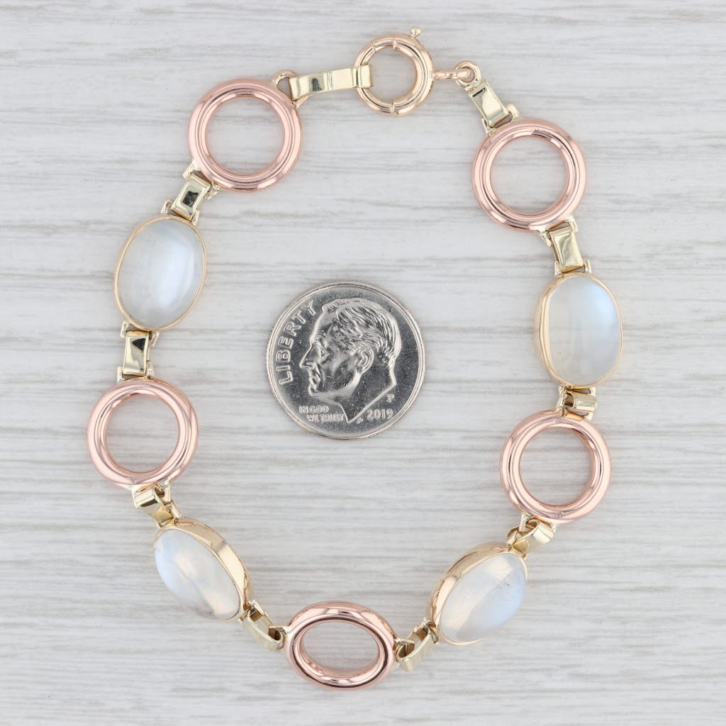 Light Gray Oval Cabachon Moonstone Bracelet 14k Yellow Rose Gold 7.5"