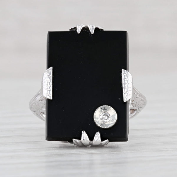 Black Vintage Onyx Diamond Ring 14k White Gold Ornate Openwork Size 4.5