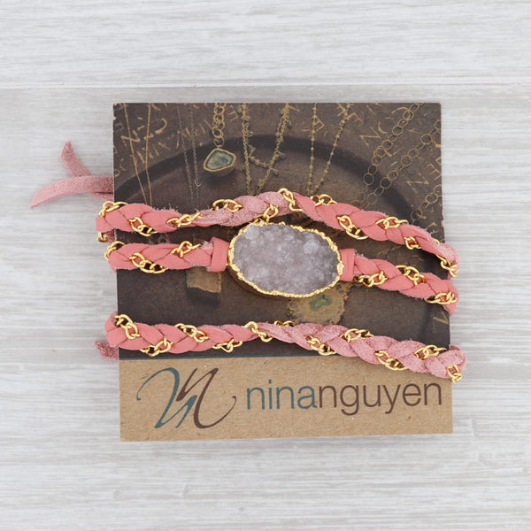 Light Gray New Nina Nguyen Cordelia Necklace Woven Pink Leather White Druzy Pendant NWT