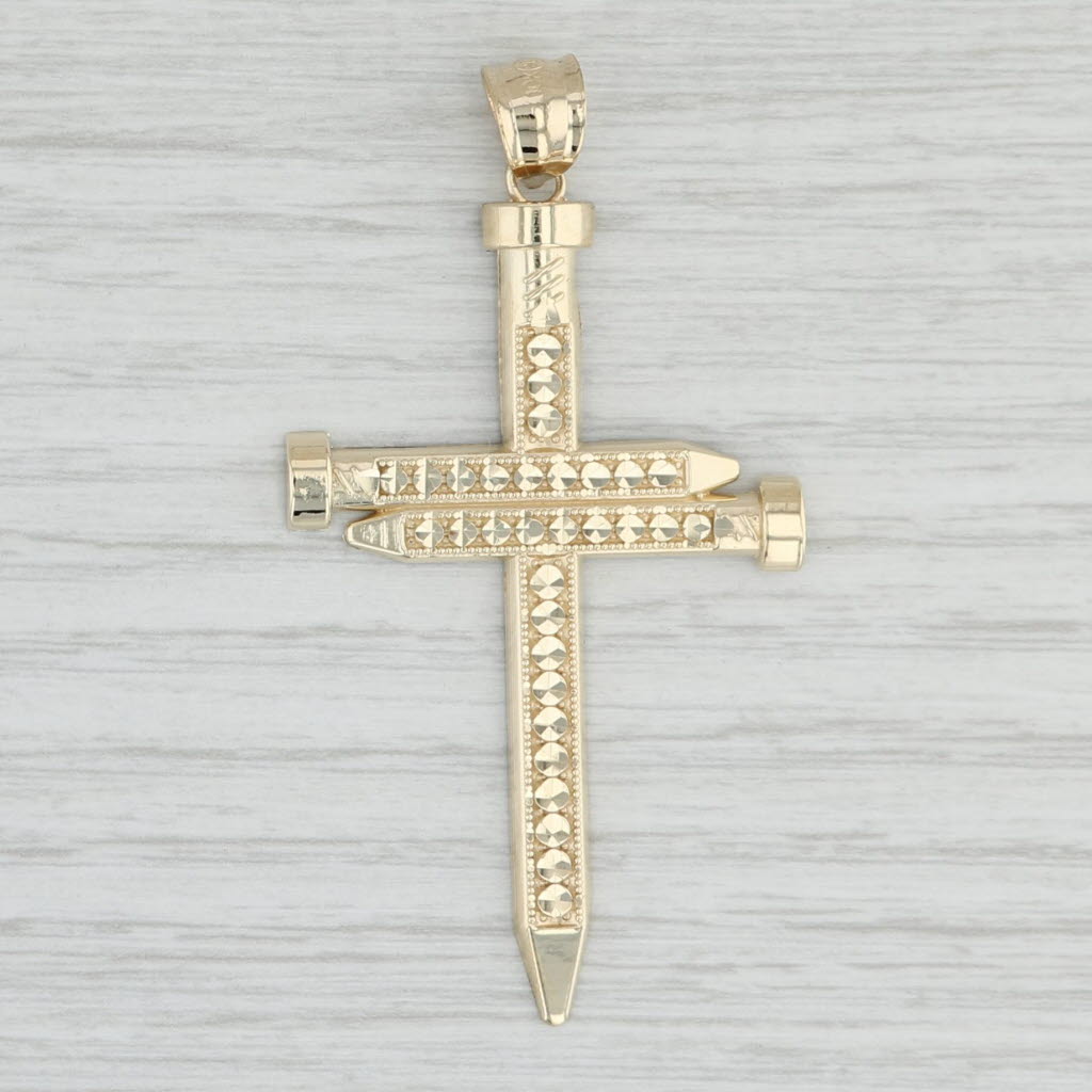 Light Gray Cross of Gold Nails Pendant 10k Yellow Gold Religious Jewelry Statement