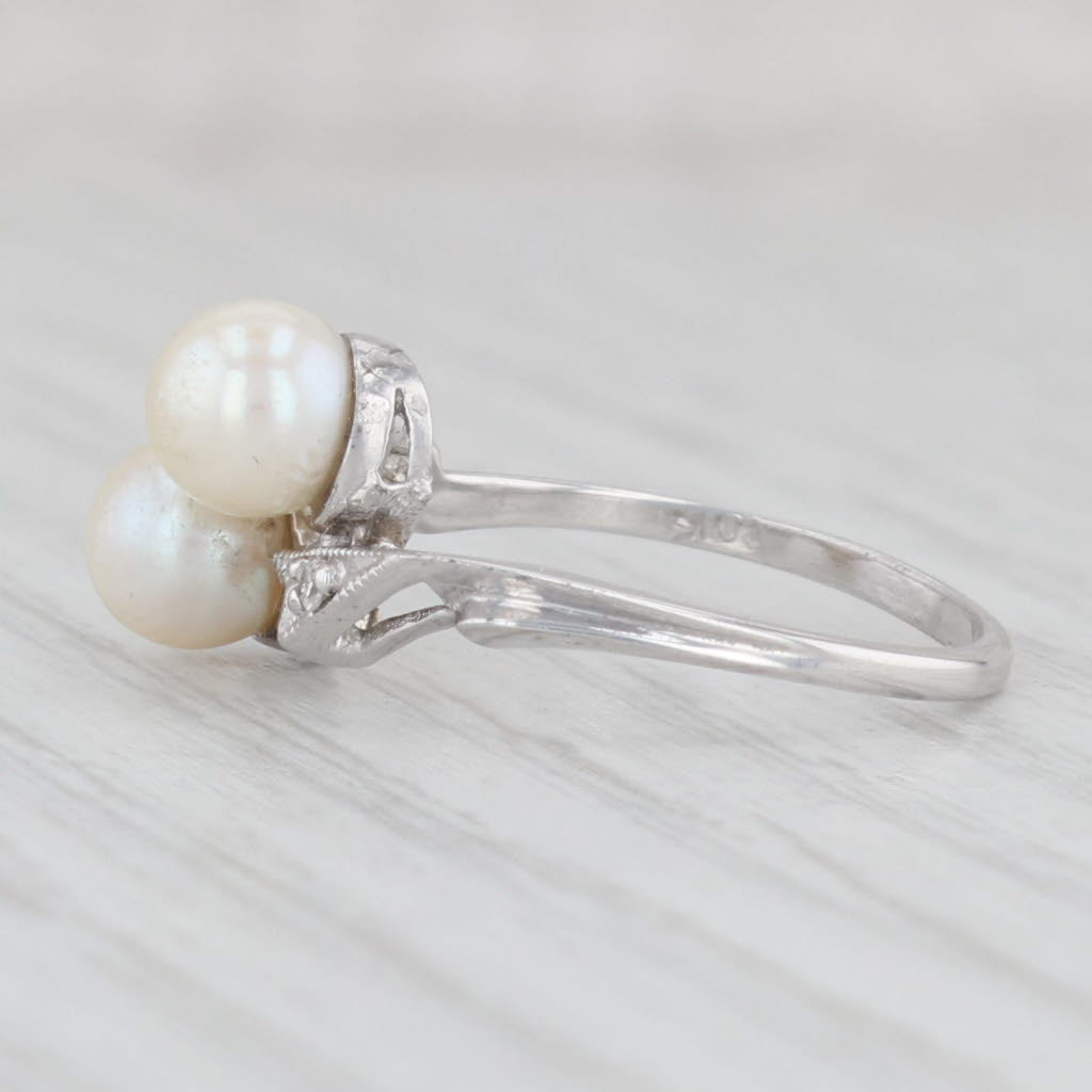 Light Gray Vintage Cultured Pearl Diamond Bypass Ring 10k White Gold Size 5 2-Pearl