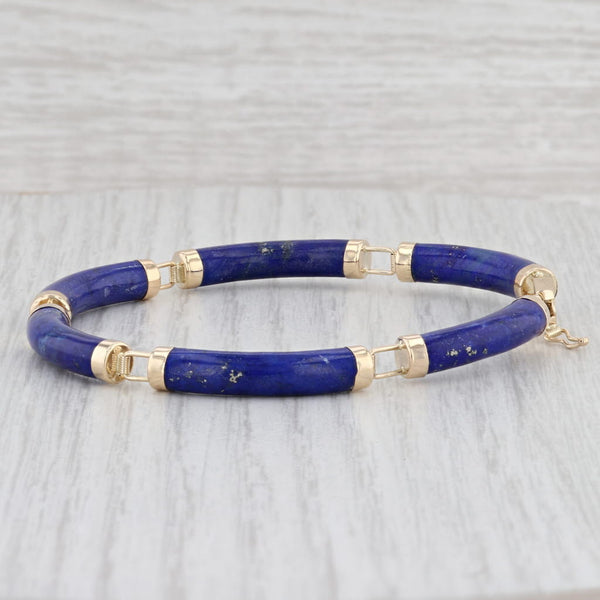 Light Gray Lapis Lazuli Bracelet 14k Gold 7.25" 5.2mm Chinese Character Shou Longevity
