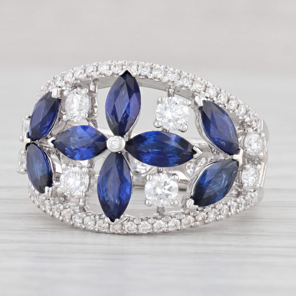 Light Gray Diadori 3.27ctw Sapphire Diamond Flower Ring 18k White Gold Size 5.5 Cocktail