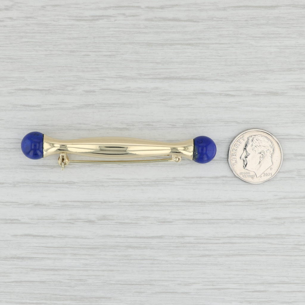 Light Gray Blue Bead Lapis Lazuli Bar Brooch 14k Yellow Gold Statement Pin