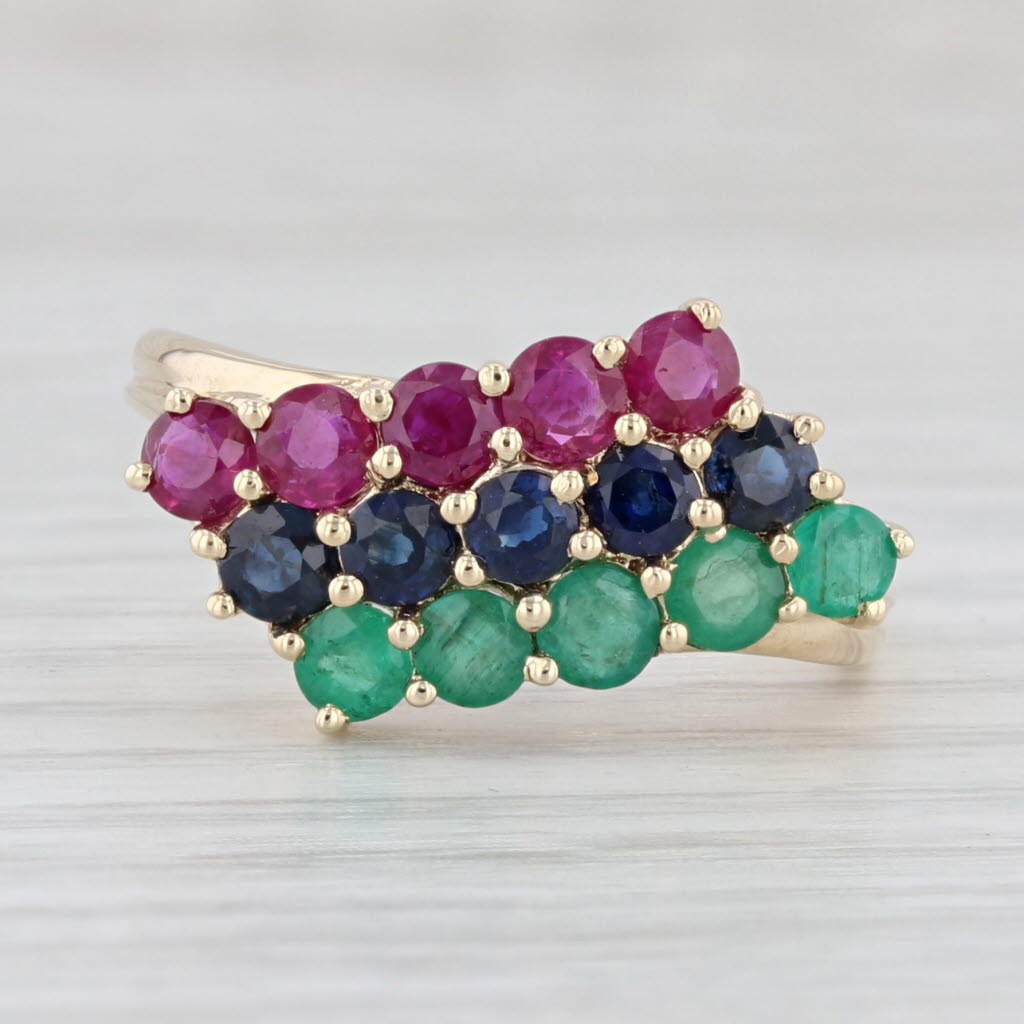 Light Gray 1.42ctw Emerald Sapphire Ruby Cluster Bypass Ring 14k Yellow Gold Size 8.25