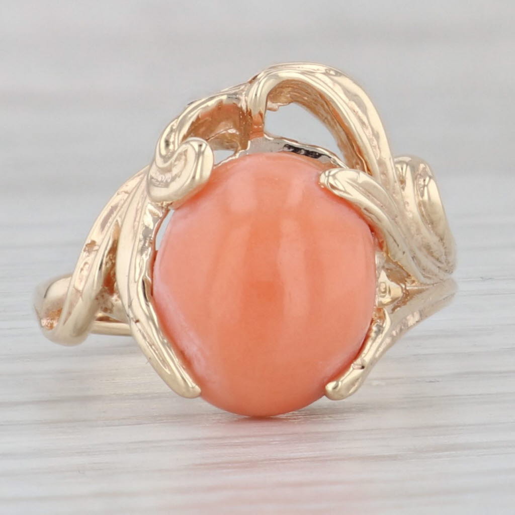 Gray Vintage Floral Coral Ring 10k Yellow Gold Oval Cabochon Solitaire Size 7.75