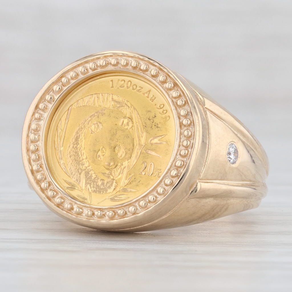 Light Gray 2003 20 Yuan 22k Panda Coin Ring 14k Yellow Gold Size 8.25 Diamond Accents