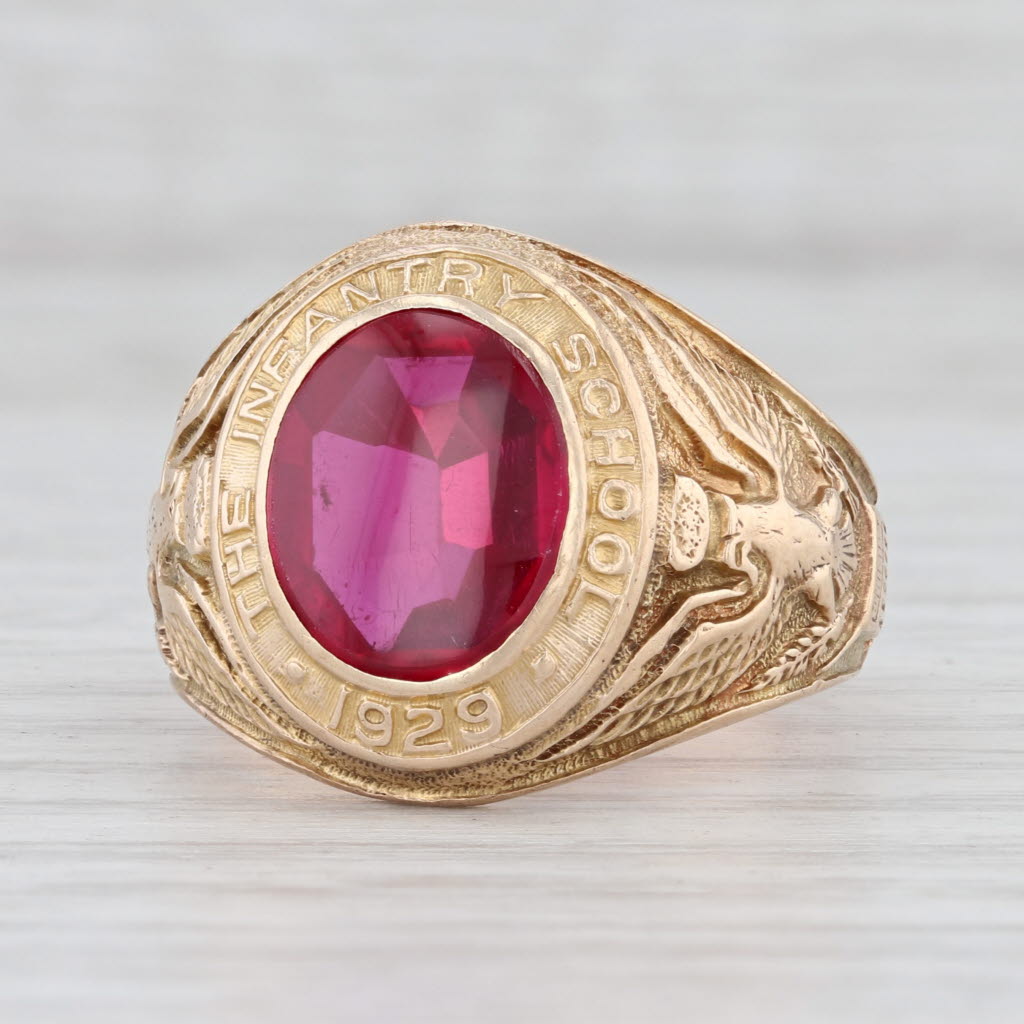 Light Gray The Infantry School Class 1929 Ring 10k Gold Synthetic Ruby Eagle Crest Sz 10.25