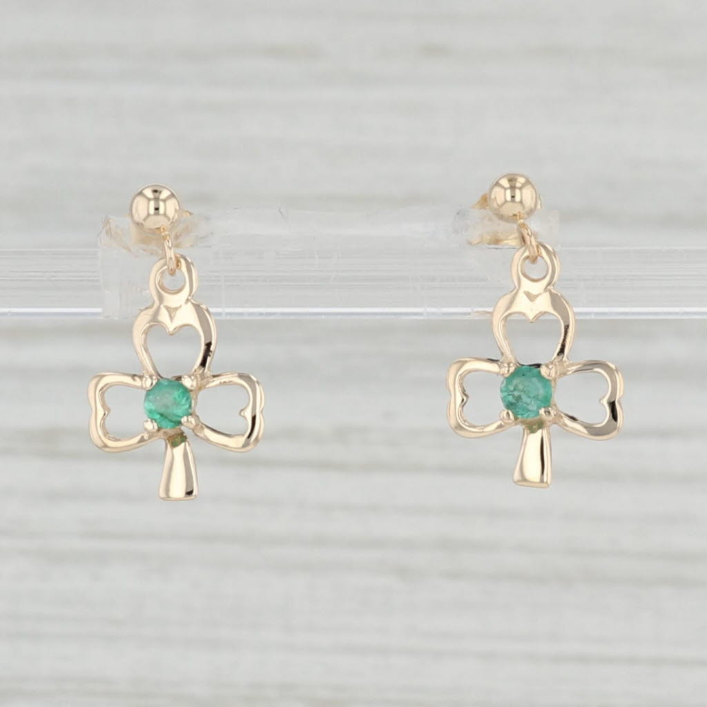 Light Gray 0.15ctw Emerald Clover Dangle Earrings 14k Yellow Gold Pierced Drops